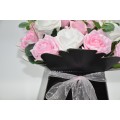 Pink and White Roses Bouquet in Black Gift Box finished with Organza Ribbon